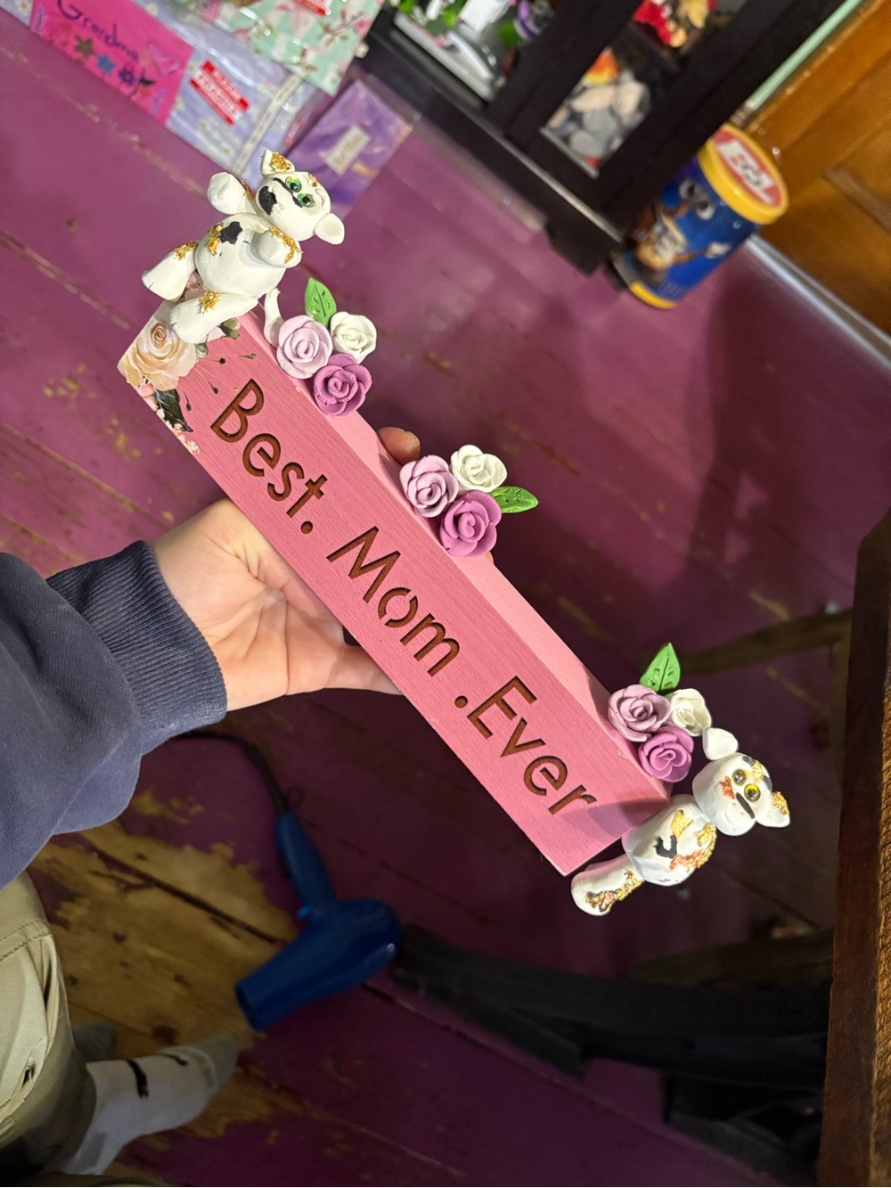 Moooo Best Mom Ever Pink Floral Wooden Sign with coes